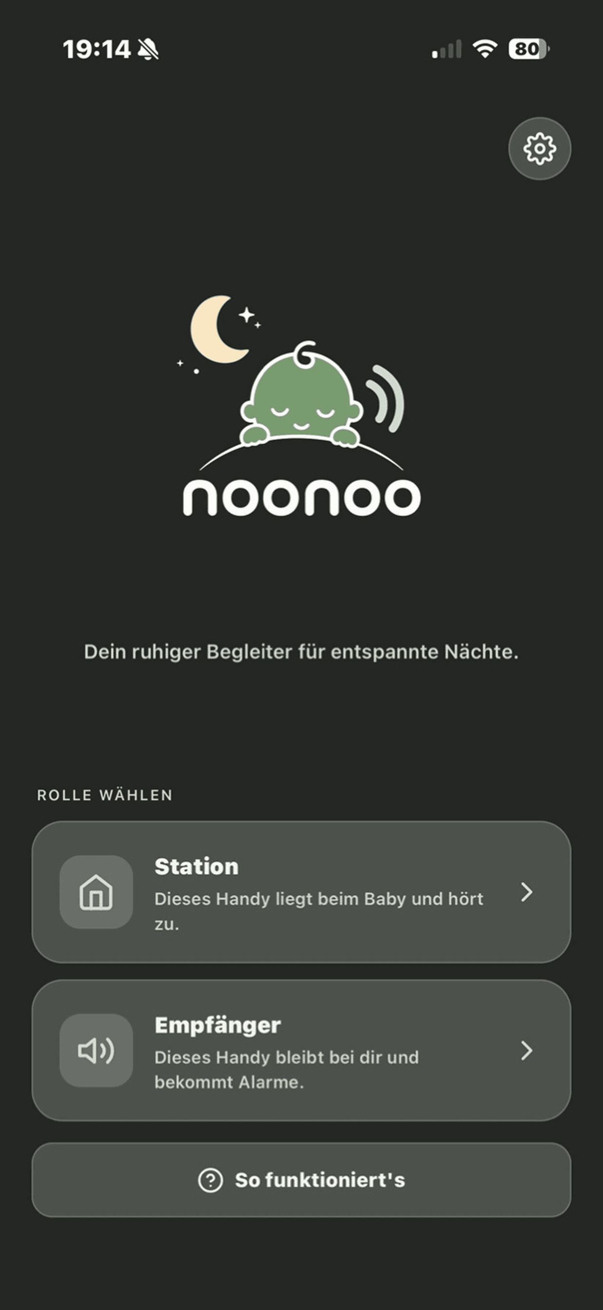 noonoo Babyfon — Startbildschirm der App